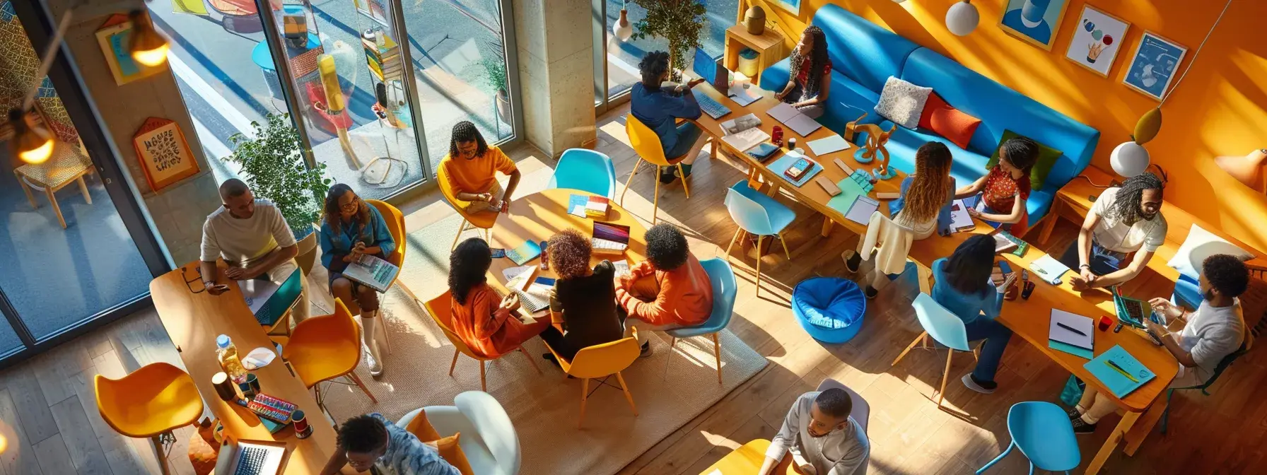 a dynamic office environment filled with diverse professionals engaged in an interactive team-building exercise, showcasing collaboration and creativity through colorful activities and lively discussions.