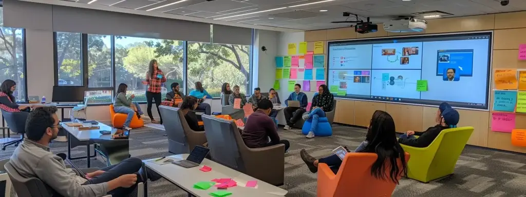 a modern office space features a diverse team engaged in a dynamic open meeting, with colorful sticky notes on a whiteboard and a large screen displaying team achievements, emphasizing a culture of open communication and trust.