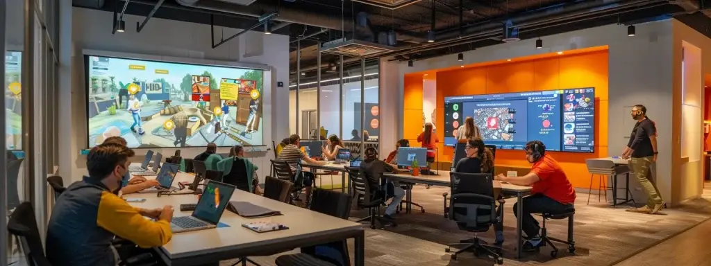 a vibrant office environment showcases remote workers engaged in an interactive online team game, featuring a large screen displaying a virtual escape room, while participants enthusiastically collaborate and strategize at their sleek desks, creating a lively atmosphere of connection and teamwork.