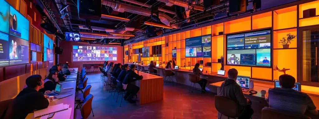 a vibrant virtual conference room filled with engaged team members on screens, enthusiastically participating in a lively online trivia session, illuminated by soft, modern lighting that enhances the energetic atmosphere of collaboration and fun.